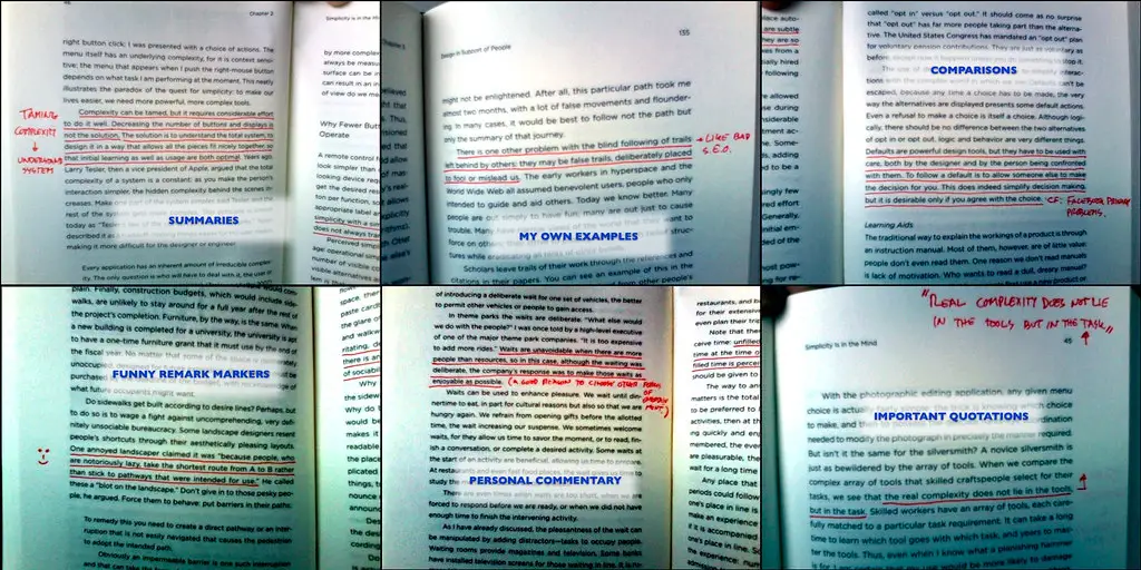 Open book with handwritten margin notes and marked passages, an example of active reading