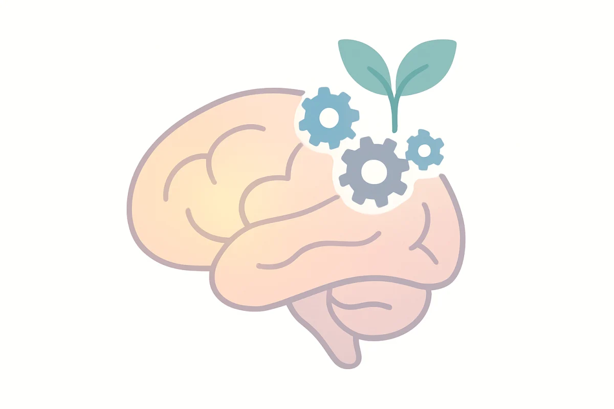 Illustration of a brain with the front region highlighted to show executive function developing over time