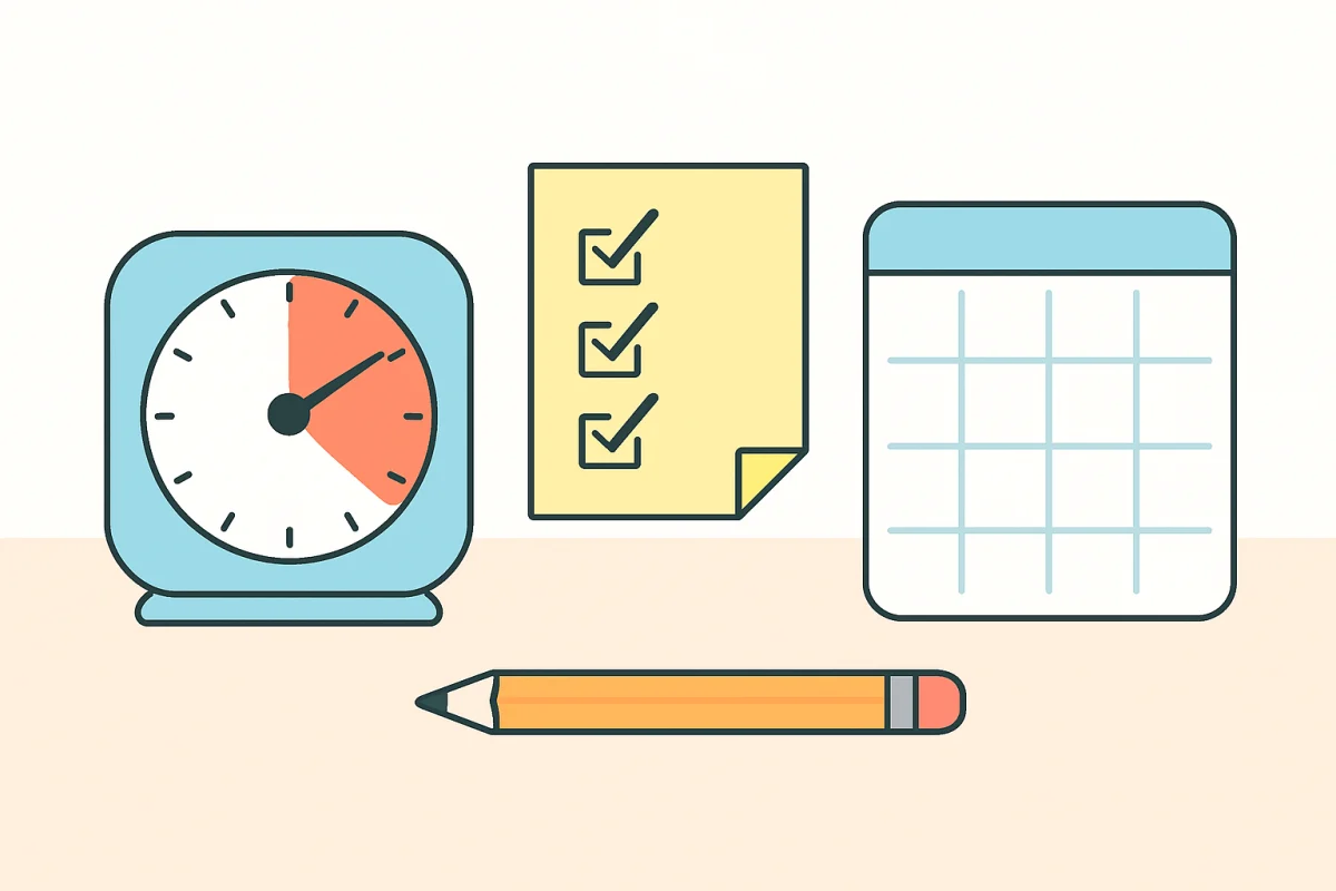 Illustration of a visual timer, checklist and calendar used as external supports for executive function