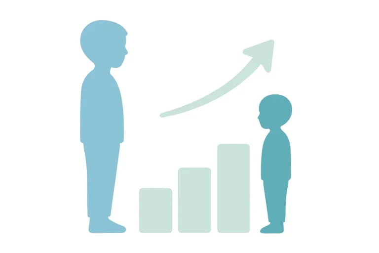 Illustration of a child silhouette beside a smaller shadow showing real age versus executive age in ADHD