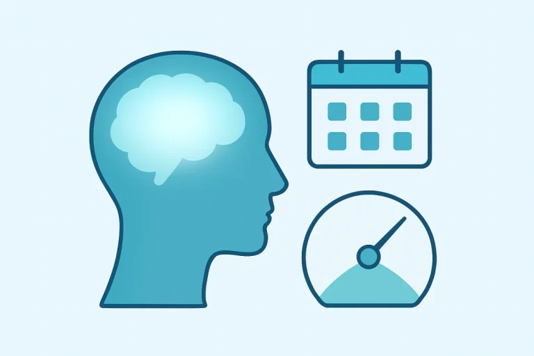 Illustration of a head silhouette with a brain next to a calendar and gauge, representing IQ 70 and mental age