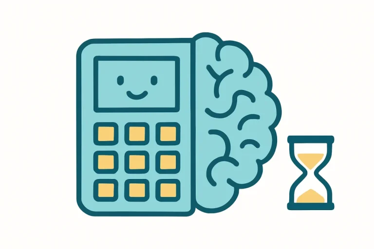 Illustration of a calculator combined with a brain and an hourglass representing a mental age calculator