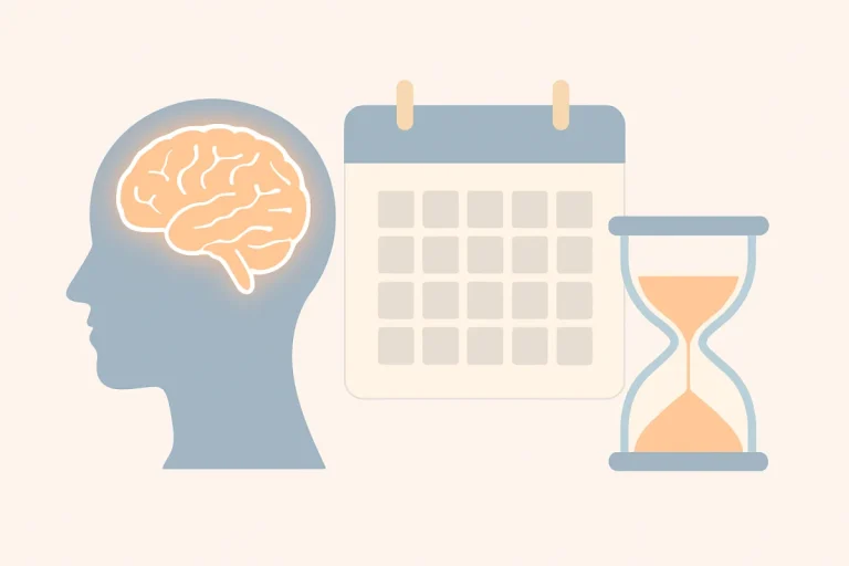 Illustration comparing mental age, shown as a brain inside a head, with chronological age, shown as a calendar and hourglass