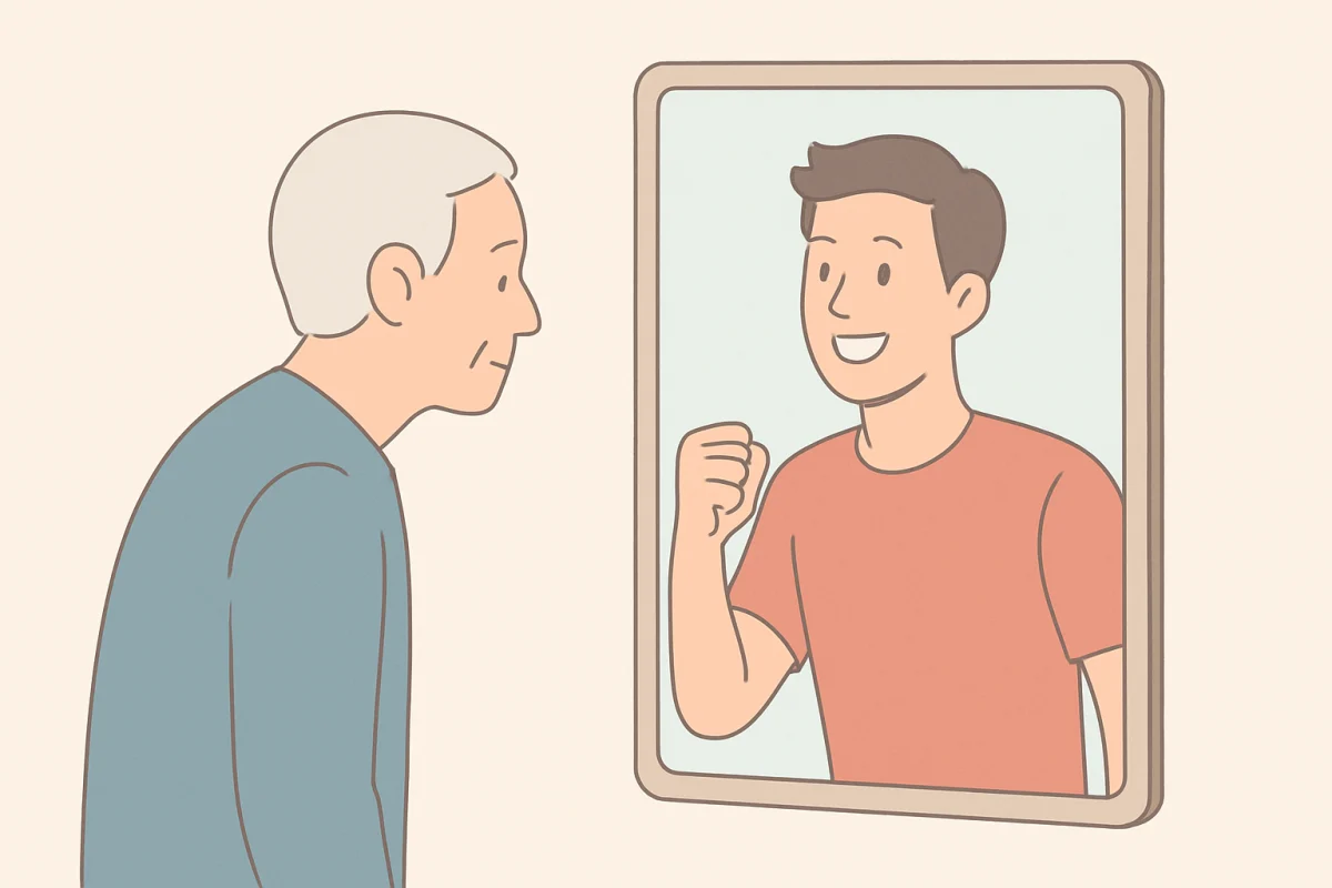 Illustration of an older adult seeing a younger reflection in a mirror, representing subjective age